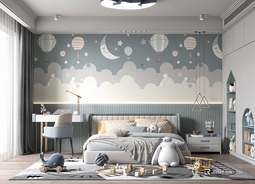 Whimsical Kids Room With Hot Air Balloon Moon Stars Clouds Wallpaper Bed Desk And Toys 3d model 