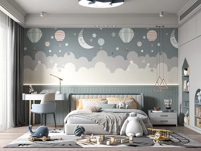 Whimsical Kids Room With Hot Air Balloon Moon Stars Clouds Wallpaper Bed Desk And Toys 3d model