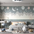 Whimsical Kids Room With Hot Air Balloon Moon Stars Clouds Wallpaper Bed Desk And Toys