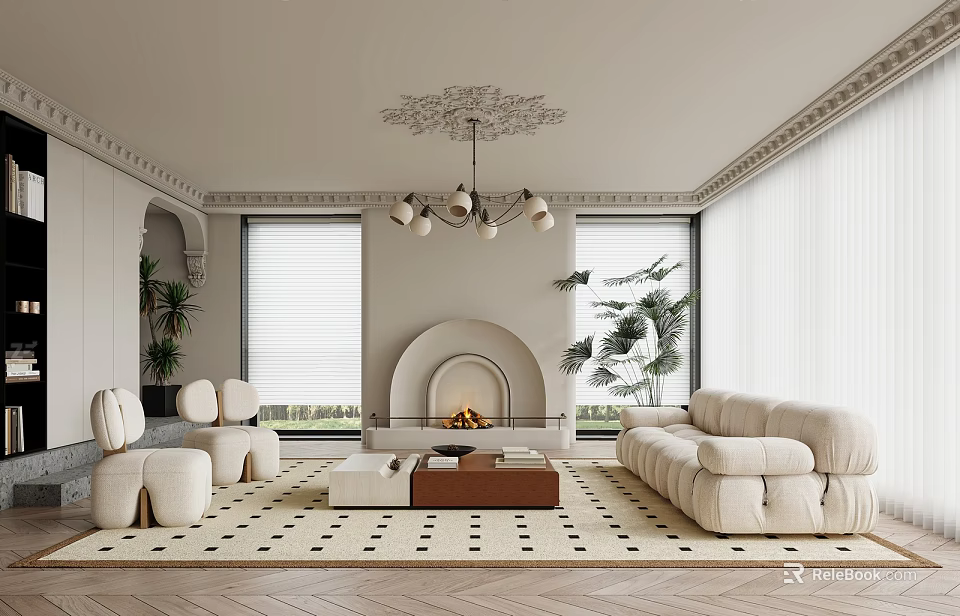 Modern Living Room Interior Design With Cream Sofa Fireplace Chandelier And Geometric Rug Plants 3d model 