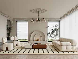 French Living Room Home Single Sofa Coffee Table Chandelier Green Plant Fireplace 3d model