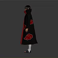 Anime Character Wearing Black Robe With Red Lining Headband Blue Top And Sandals