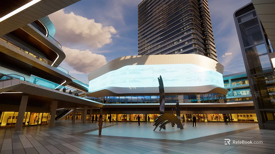 Modern Commercial Plaza With Sculpture Open Space Pedestrians And Tall Building 3d model 