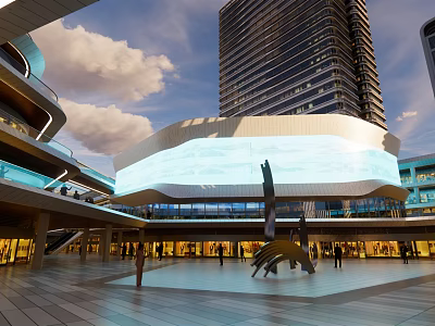 Modern Commercial Plaza With Sculpture Open Space Pedestrians And Tall Building 3d model