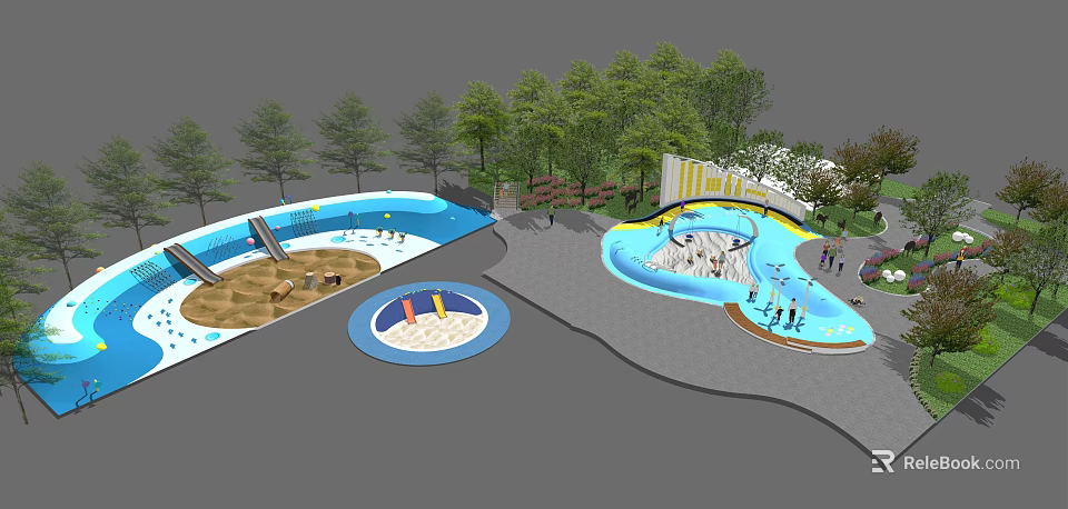 Outdoor Kids Water Playground With Pool Slides Sandpit And Green Trees 3d model 