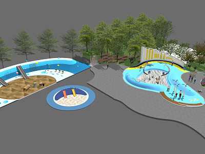 Outdoor Kids Water Playground With Pool Slides Sandpit And Green Trees 3d model