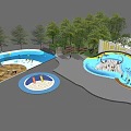Outdoor Kids Water Playground With Pool Slides Sandpit And Green Trees
