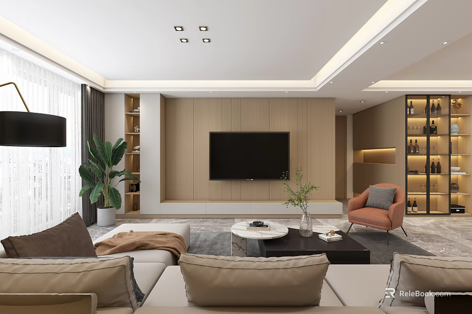 Modern Living and Dining Room Interior Design With Sofa TV Plant and Coffee Table 3d model 