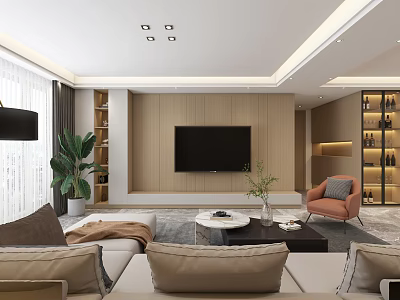 Modern Living and Dining Room Interior Design With Sofa TV Plant and Coffee Table 3d model