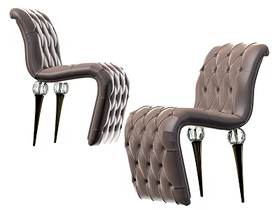 Stylish Brown Leather Leisure Chair With Tufted Design Curved Back And Crystal Metal Legs 3d model