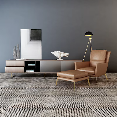 Brown Leather Armchair With Ottoman Floor Lamp And Geometric Carpet In Modern Living Room 3d model