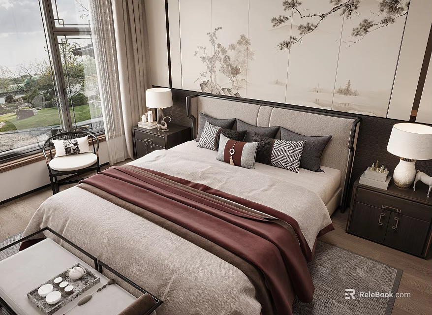 Modern Chinese Bedroom Interior With Maroon Bedding Table Lamps Floral Wall Art And Window View 3d model 