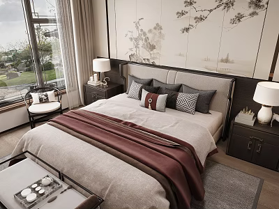 Modern Chinese Bedroom Interior With Maroon Bedding Table Lamps Floral Wall Art And Window View 3d model