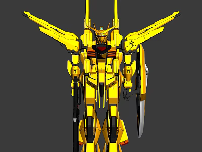 Golden Mecha Robot Design With Winged Armor And Weapon Components 3d model