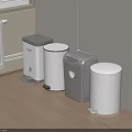 Household Trash Bins With Pedal Design White And Gray Containers Against Wall
