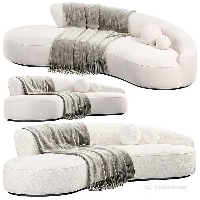 White Sectional Sofa With Gray Throw Blanket And Round Cushions 3d model