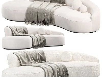 White Sectional Sofa With Gray Throw Blanket And Round Cushions 3d model