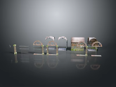 Scenic Landscape Design Elements Featuring Various Arches Fences And Stone Walls 3d model