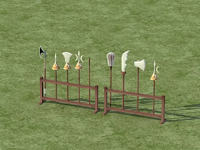 Various Shaped Weapons Displayed On Wooden Racks In Grass Field 3d model