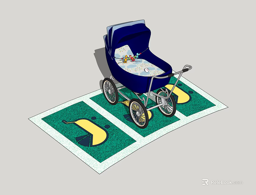 Blue Baby Stroller Placed On Green Mat With Yellow Footprints And Toys 3d model 