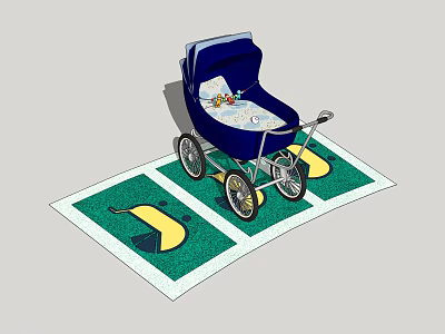 Blue Baby Stroller Placed On Green Mat With Yellow Footprints And Toys 3d model