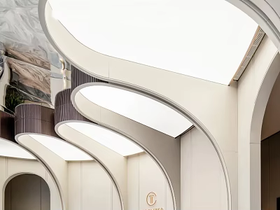 Elegant Modern Reception Desk With Curved Design White Ceiling And Lighting 3d model
