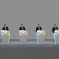 Men In Formal Suits Standing At Podiums With Colorful Maps And Blue Lights