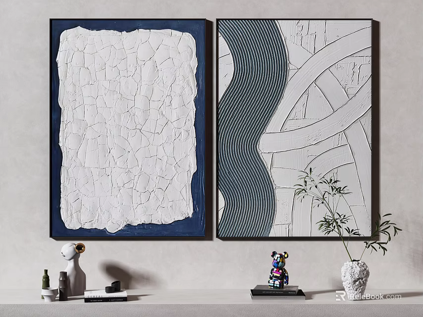 Modern Abstract Paintings With Textured White And Wavy Line Patterns In Dark Frames 3d model