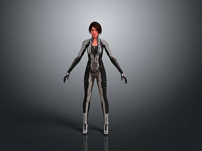 3D Female Character In Futuristic Black Silver Sci Fi Costume Standing Pose 3d model
