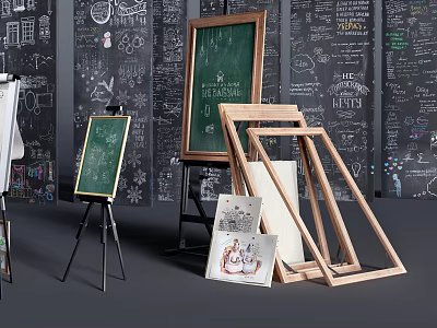 Display of Musical Instruments and Art Supplies with Chalkboards Easels and Artwork 3d model
