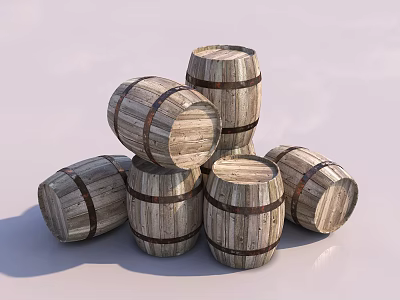 Stacked Vintage Wooden Barrels With Brown Strips As Rustic Decorative Household Items 3d model