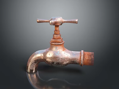 Rusty Vintage Faucet With Metal Texture And Aged Finish On Dark Reflective Surface 3d model