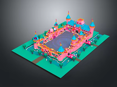 Colorful Castle Architecture with Pink Blue Turrets Central Open Square Green Lawns and Decorative Details 3d model