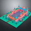 Colorful Castle Architecture with Pink Blue Turrets Central Open Square Green Lawns and Decorative Details
