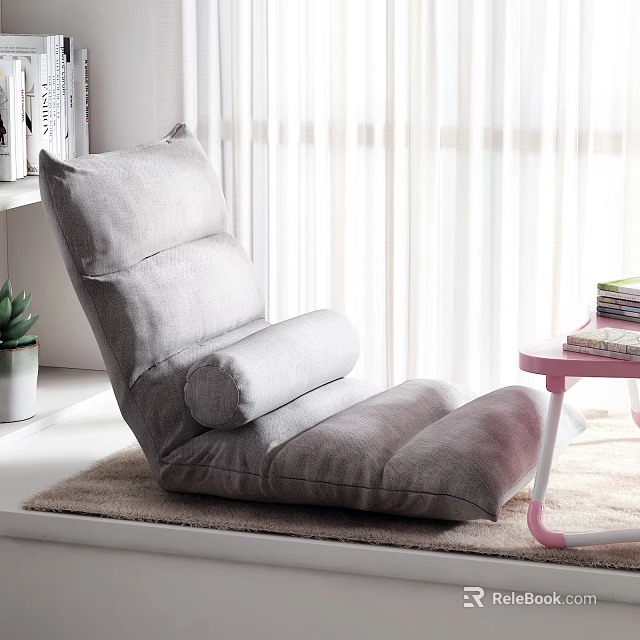 Gray Lazy Sofa and Pink Coffee Table Set with Green Plant Books and Light Curtains 3d model 