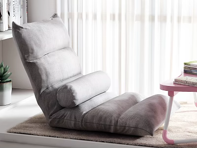 Gray Lazy Sofa and Pink Coffee Table Set with Green Plant Books and Light Curtains 3d model