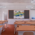 Modern School Classroom Interior With Wooden Desks Chairs Blackboard Bookshelves And Ceiling Lights