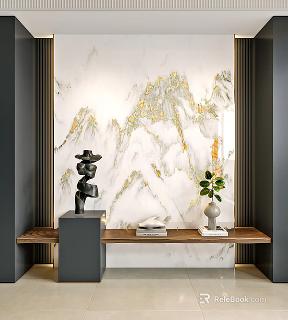 Luxury Sofa Background Wall With Marble Golden Mountain Pattern And Decorations 3d model 