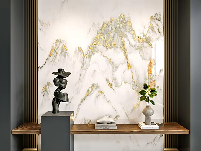 Luxury Sofa Background Wall With Marble Golden Mountain Pattern And Decorations 3d model