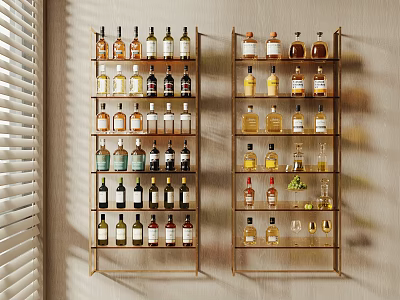 Stylish Golden Metal Wine Racks With Various Bottles In Modern Interior 3d model