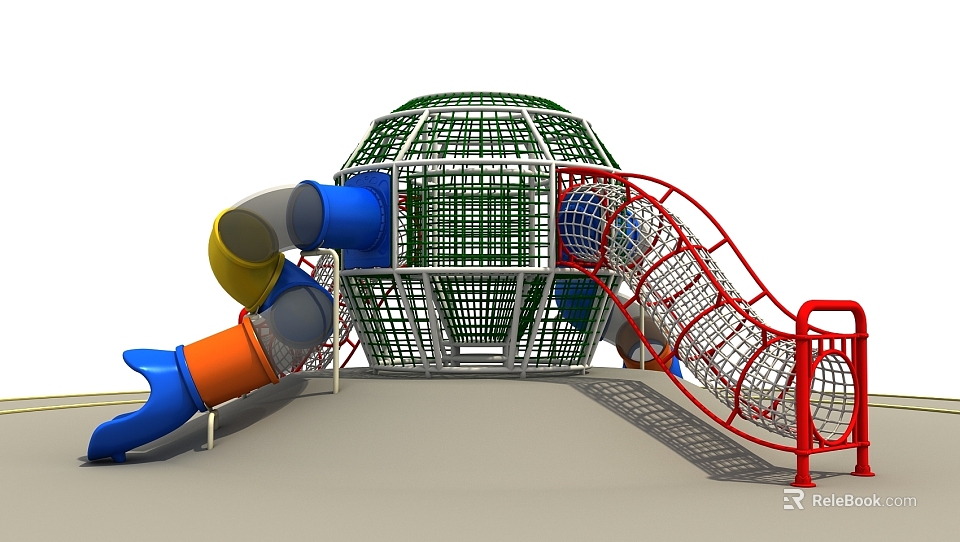 Outdoor Playground Equipment with Spherical Mesh Climbing Net and Colorful Blue Yellow Orange Red Slides 3d model 