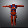 Red Jumpsuit With Blue Harness And Functional Design For Professional Activities