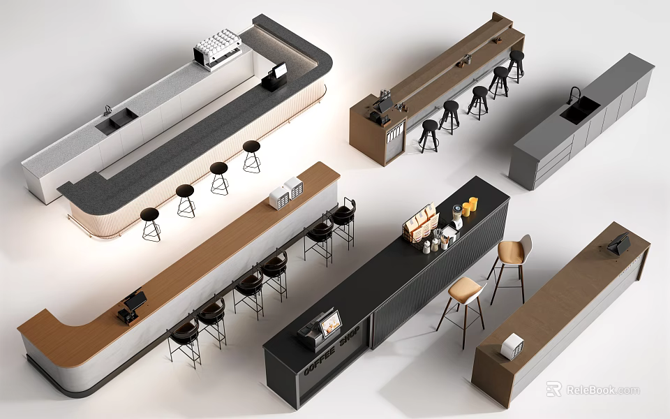 Various Modern Bar Counter Interior Designs With Wooden Black Gray Surfaces And Stools 3d model 