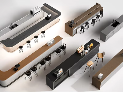 Various Modern Bar Counter Interior Designs With Wooden Black Gray Surfaces And Stools 3d model
