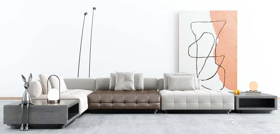 Gray Brown And White Sectional Sofa With Cushions Abstract Painting Floor Lamp And Coffee Table 3d model 