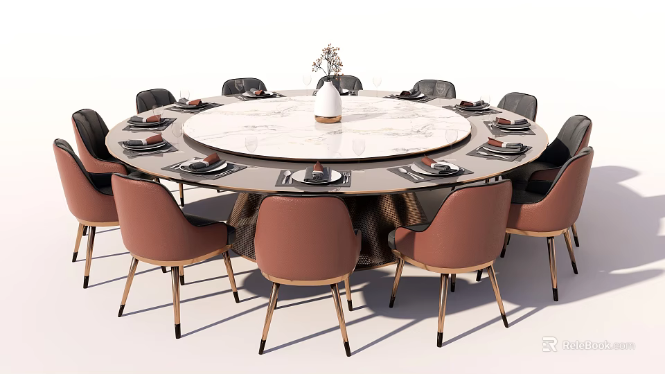 Round Marble Top Dining Table Set With Pink Chairs Gold Legs And Tableware Vase 3d model 