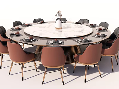 Round Marble Top Dining Table Set With Pink Chairs Gold Legs And Tableware Vase 3d model