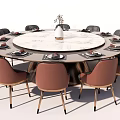Round Marble Top Dining Table Set With Pink Chairs Gold Legs And Tableware Vase 3d model