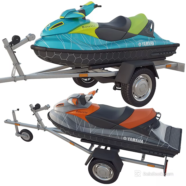 Two Yamaha Jet Skis On Trailers With Diverse Color Schemes 3d model 