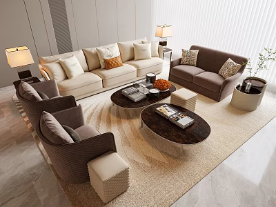 Modern Sofa and Coffee Table Set with Pillows Ottoman Table Lamp on Beige Rug 3d model